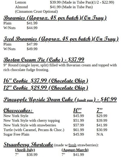 Mary's Cakery and Candy Kitchen menu and pricing for cakes brownies cheesecakes and specialty items in King George Virginia