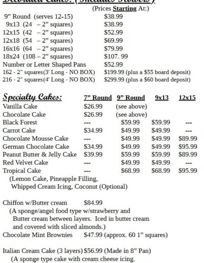 Mary's Cakery and Candy Kitchen menu and pricing for cakes brownies cheesecakes and specialty items in King George Virginia