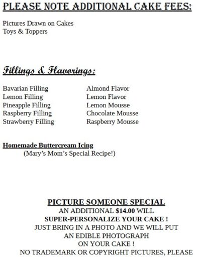 Mary's Cakery and Candy Kitchen menu and pricing for cakes brownies cheesecakes and specialty items in King George Virginia