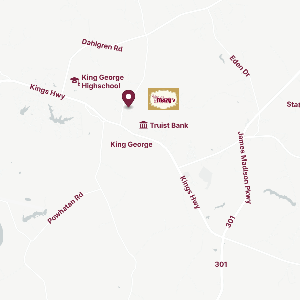 Frame Map showing the location of Mary's Cakery and Candy Kitchen in King George Virginia