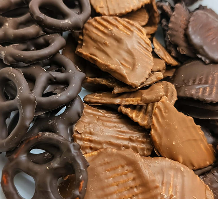 Assorted gourmet chocolates in milk dark and white chocolate varieties